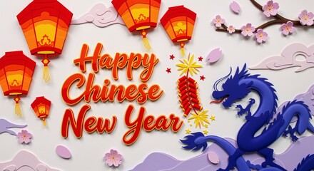 Happy Chinese New Year paper art illustration with lanterns, dragon, and blossom branch. Traditional holiday design for greeting card, banner, poster, or website background.
