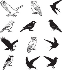 Obraz premium Diverse Bird Collection - Eagle, Owl, Swallow, Small Bird Graphics Mixed Style Avian Set - Silhouette & Line Art Bird IllustrationsWildlife & Songbird Designs - Nature Inspired Vector Pack
