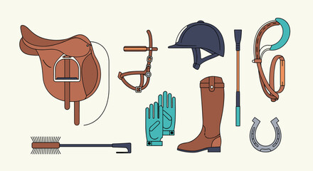 Equestrian gear collection featuring saddle riding boots helmet and accessories for horse lovers