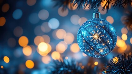 Blue Christmas Ornament,  Bokeh Lights, Elegant Holiday Background