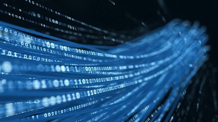 Blue cables with binary code overlay appearing to convey data transmission against a dark background - Powered by Adobe