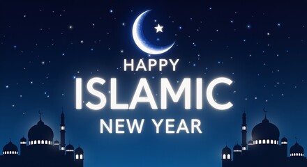 Happy Islamic New Year greeting with crescent moon and star above mosque silhouette. Religion concept for holiday celebration.