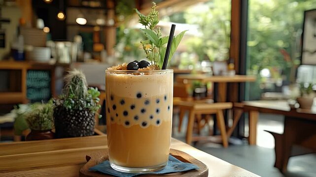 Refreshing drink with tapioca pearls and berries