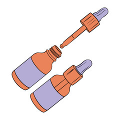 Glass bottle with dropper for serum or oil. Drawing isolated on the white background. Hand drawn colorful digital illustration. Vector EPS10 and IPG 