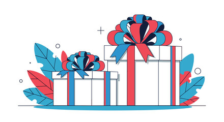 Fototapeta premium Festive gift boxes wrapped with ribbons and decorated with leaves for celebration events