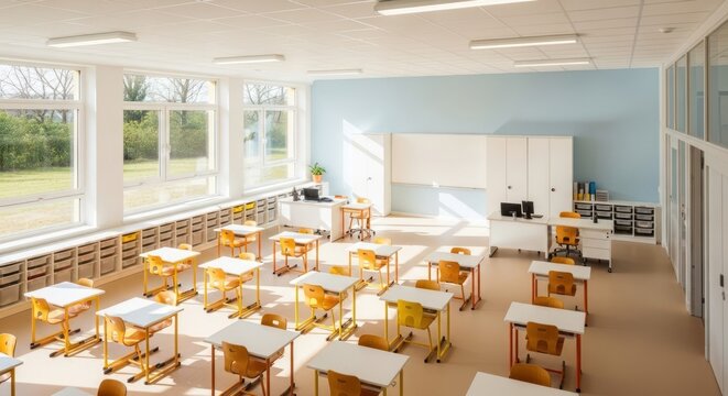 A bright and airy classroom features rows of student desks with white tops and orange frames, complemented by large windows and a light blue wall, creating a modern learning environment.