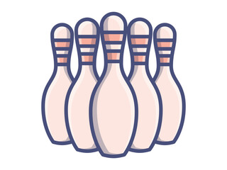 Vector illustration of five bowling pins arranged in a triangular formation. Flat isolated design for sports icons, leisure graphics, games, and recreational activity visuals.