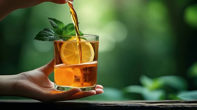 Glass of iced tea with lemon and mint