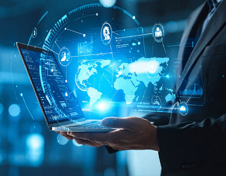 businessman hand pushing a button on touch screen