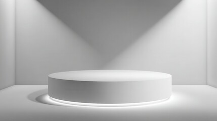 Stunning photo of white glowing 3D podium in a clean minimalistic studio, abstract pedestal with soft shadows and modern lighting, empty background.
