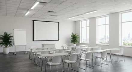Modern Classroom Interior with Projector Screen