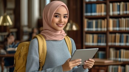 Young asian female student using tablet in library
