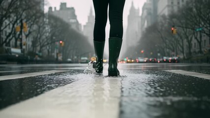 Cinematic low angle view of a woman in rain boots walking on a wet city crosswalk on a rainy day, with traffic lights in the background. - Powered by Adobe