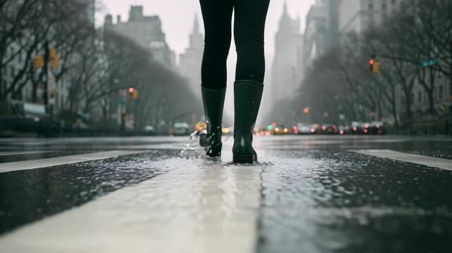 Cinematic low angle view of a woman in rain boots walking on a wet city crosswalk on a rainy day, with traffic lights in the background.