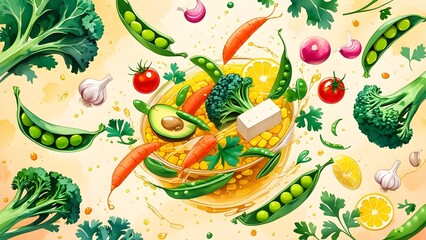 Whimsical Watercolor Floating Healthy Ingredients in Golden Broth &ndash; Vibrant Food Illustration