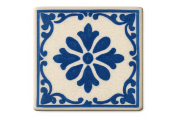 Square ceramic tile with blue floral pattern and transparent background, perfect for interior design projects