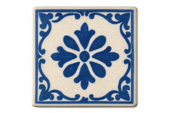 Square ceramic tile with blue floral pattern and transparent background, perfect for interior design projects