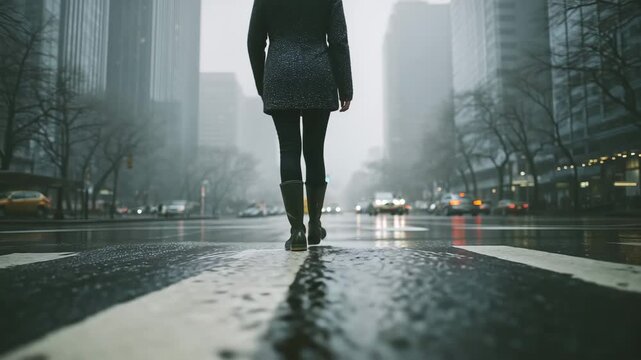 Cinematic low angle view of a woman in a coat and rain boots walking on a wet city street on a rainy day toward skyscrapers in the fog.