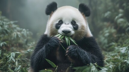 Fototapeta premium Cute Panda Eating Bamboo in Lush Forest