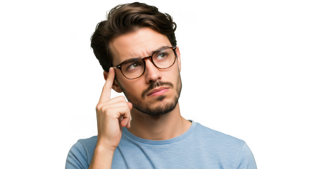 A man with glasses thinks, touching his temple transparent background