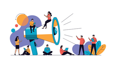 Team members gather around a large megaphone announcing something important to a diverse group of people