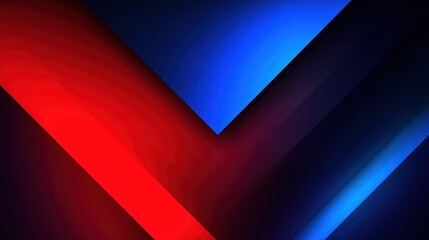 Abstract V-shaped composition of vibrant red and blue geometric shapes with dark shadows and gradients creating a dynamic, almost three-dimensional effect