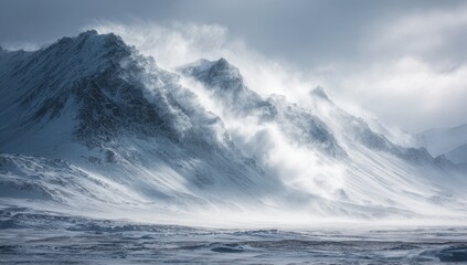 Snowy mountains, dramatic clouds, icy landscape