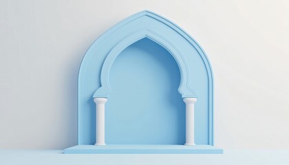 Fototapeta premium Arabic Calligraphy 'Happy Holiday' On Blue Eid Mubarak Greeting Card With Arch Shape - Unique And Beautiful Design.