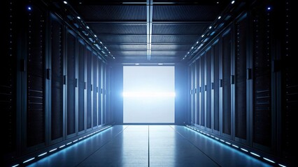 Futuristic Server Room with Illuminated Pathway and Bright Light Source at the End in a High-Tech Environment
