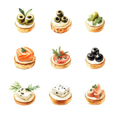 Assorted savory canapés with olives, cheese and salmon on transparent background