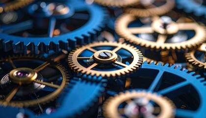 Detailed View of Clockwork Gears in Deep Blue and Copper Tones  