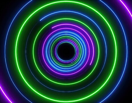 Concentric neon circles in a tunnel