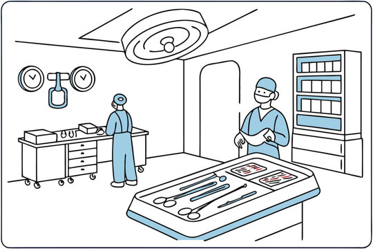 Operating Room Illustration Depicting Medical Personnel and Surgical Equipment Preparation