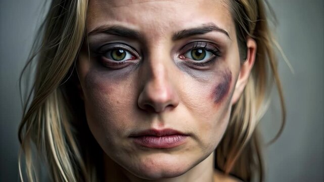 Her striking blue eyes reflect both pain and resilience as she confronts the camera showcasing her bruised face and powerful presence