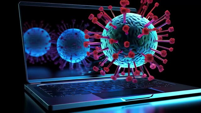 A vibrant depiction of the coronavirus model shown on a laptop screen against a dark backdrop highlighting the digital focus on health and technology
