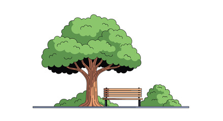 Tranquil outdoor park scene with mature tree and wooden bench underneath lush green canopy