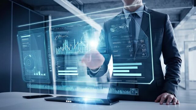A professional in a suit engages with advanced holographic displays combining technology and productivity in a sleek modern office setting