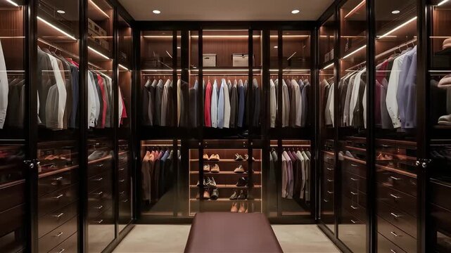 An elegant walk in closet features organized suits neatly arranged shoes and ample storage for ties and accessories in a contemporary style