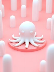 Whimsical White Octopus Character on Pink Background with Abstract Sculptural Elements