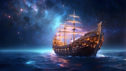 A glowing magical ship galloping across a shimmering sea of stars, fantasy and mythology desktop wallpaper backdrop, cinematic HDR vibrant theme colors, promo movie sales poster banner book cover