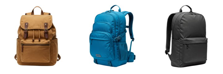 School supplies set with three colorful backpacks isolated without background  