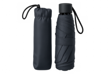 Folded pocket umbrella with its case isolated on transparent background, perfect for travel and everyday use