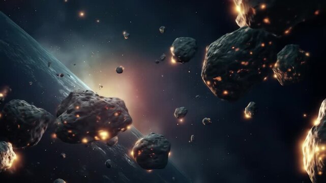 A cluster of asteroids moves gracefully through space with a distant planet and bright cosmic reflections creating an awe inspiring view of the universe