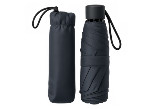 Folded pocket umbrella with its case isolated on transparent background, perfect for travel and everyday use