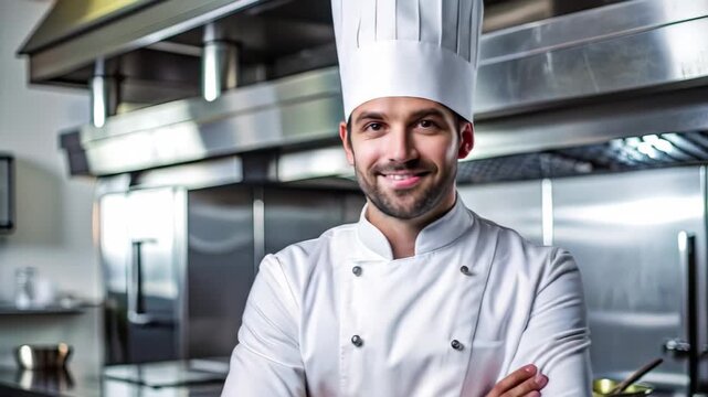 The chef is poised and smiling in a bright kitchen setting showcasing professional attire while preparing delicious dishes for guests