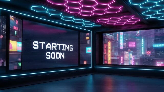 Cyberpunk Stream Studio: Neon Hex and Cityscape. Stream starting soon screen, overlay loop, animated virtual backgrounds, cozy lo-fi gaming room, vtuber asset twitch zoom OBS, livestreaming. - Powered by Adobe