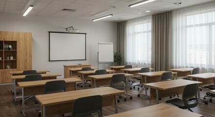 Empty classroom or conference room with chairs and desks in a well-lit office interior