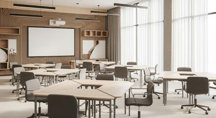 Modern Classroom with Projector and Flexible Furniture