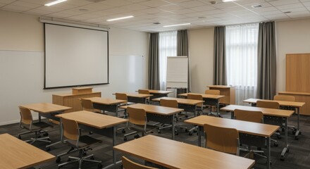 Empty classroom or conference room with chairs and desks for work or meetings