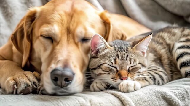 A dog and cat are snuggled together on a soft blanket both asleep with contented expressions in a warm inviting living area